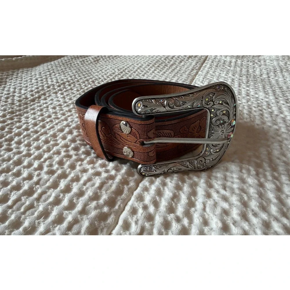 Womens Western Floral Embossed Brown Belt Rhinestone Silver Buckle Cowboy Style